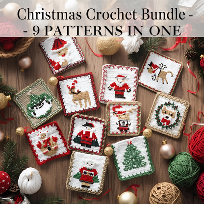 A cozy collection of nine Christmas crochet patterns, featuring Santa, reindeer, snowman, and festive ornaments. Perfect for handmade holiday gifts and creative crochet lovers.