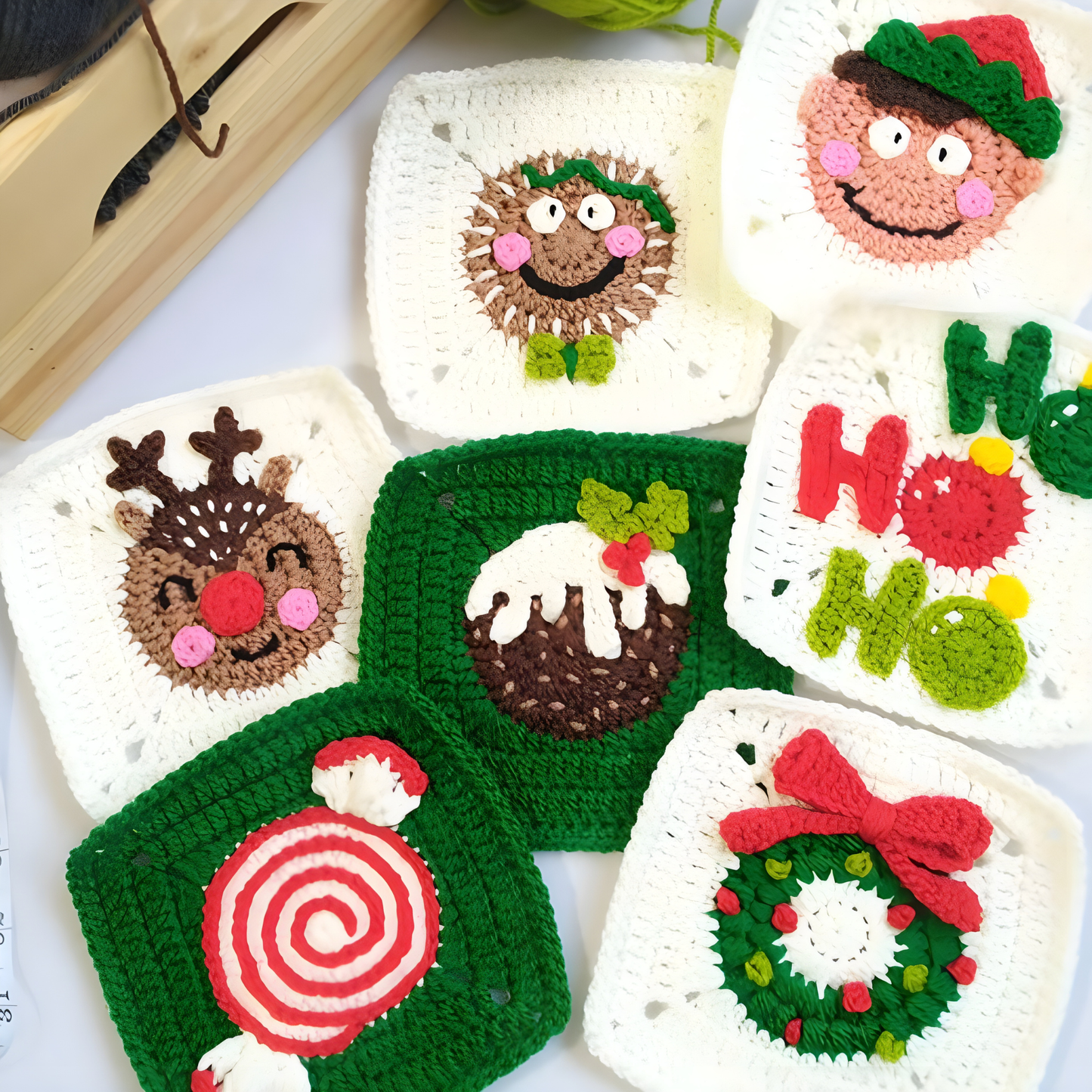 Holiday crochet set with 9 unique Christmas-themed patterns. Create cute Santa Claus, reindeer, and festive dolls for handmade holiday decorations or gift ideas.